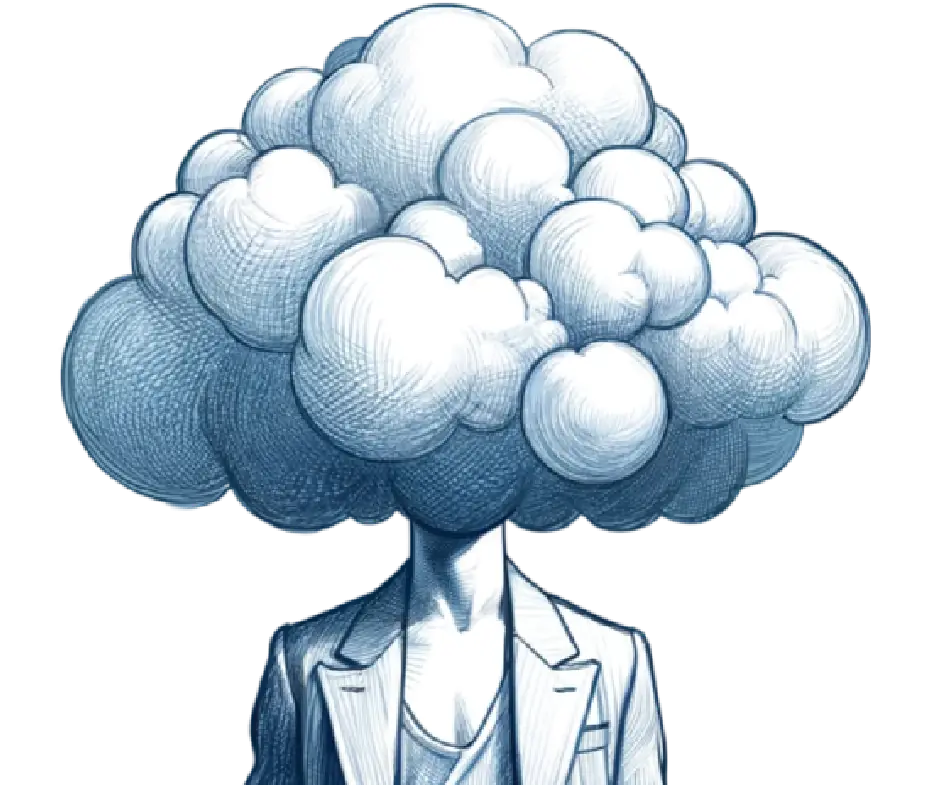 Illustrazione di una persona con la testa tra le nuvole di pensieri