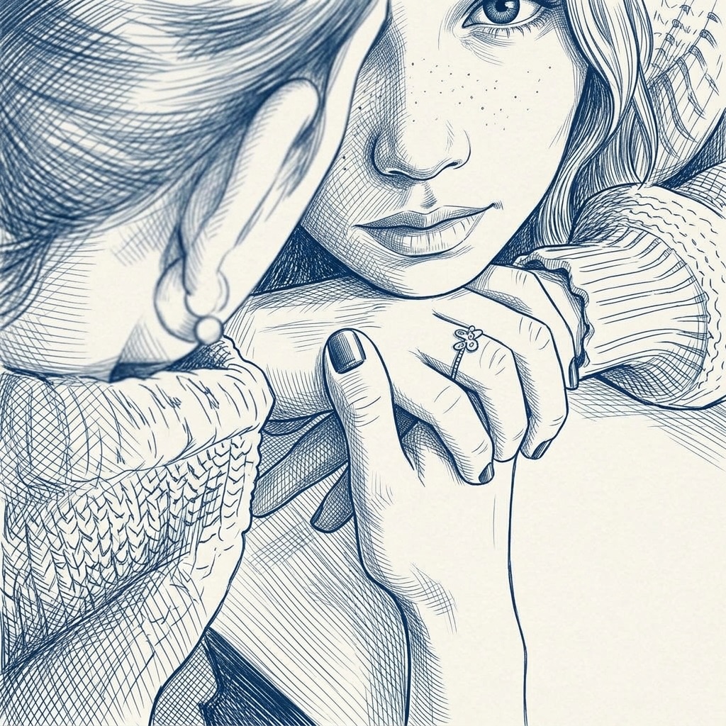 Close-up illustration of a face resting on folded hands