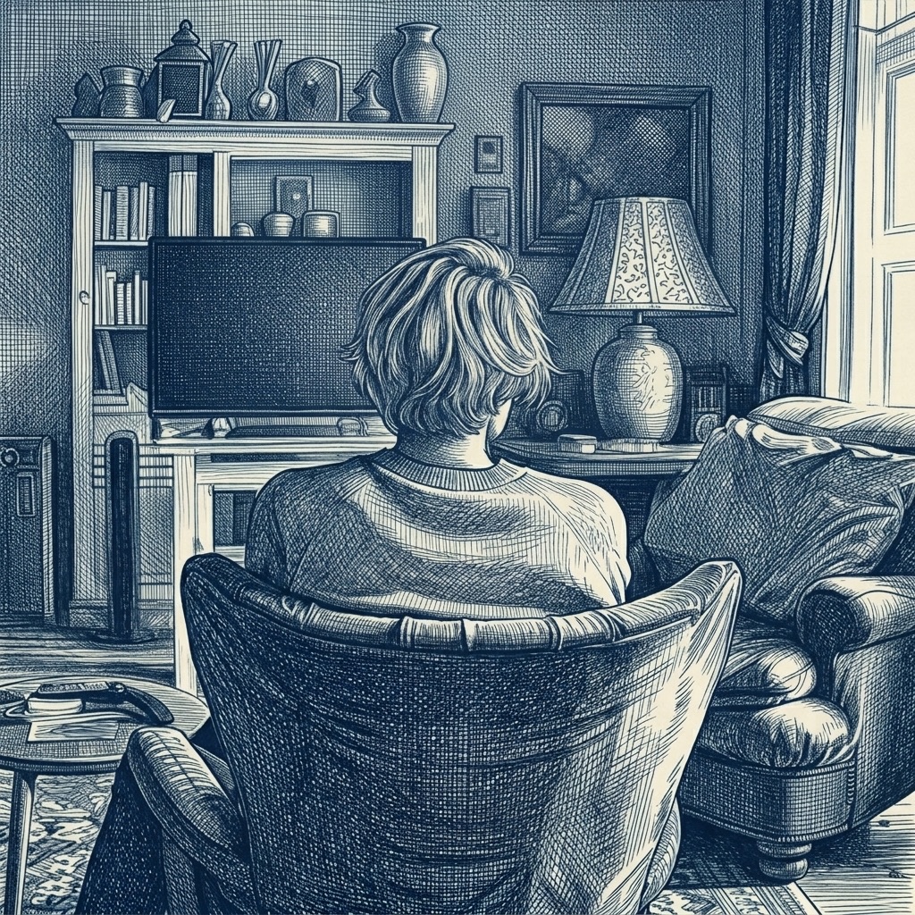 Illustration of a person seen from behind, sitting in an armchair