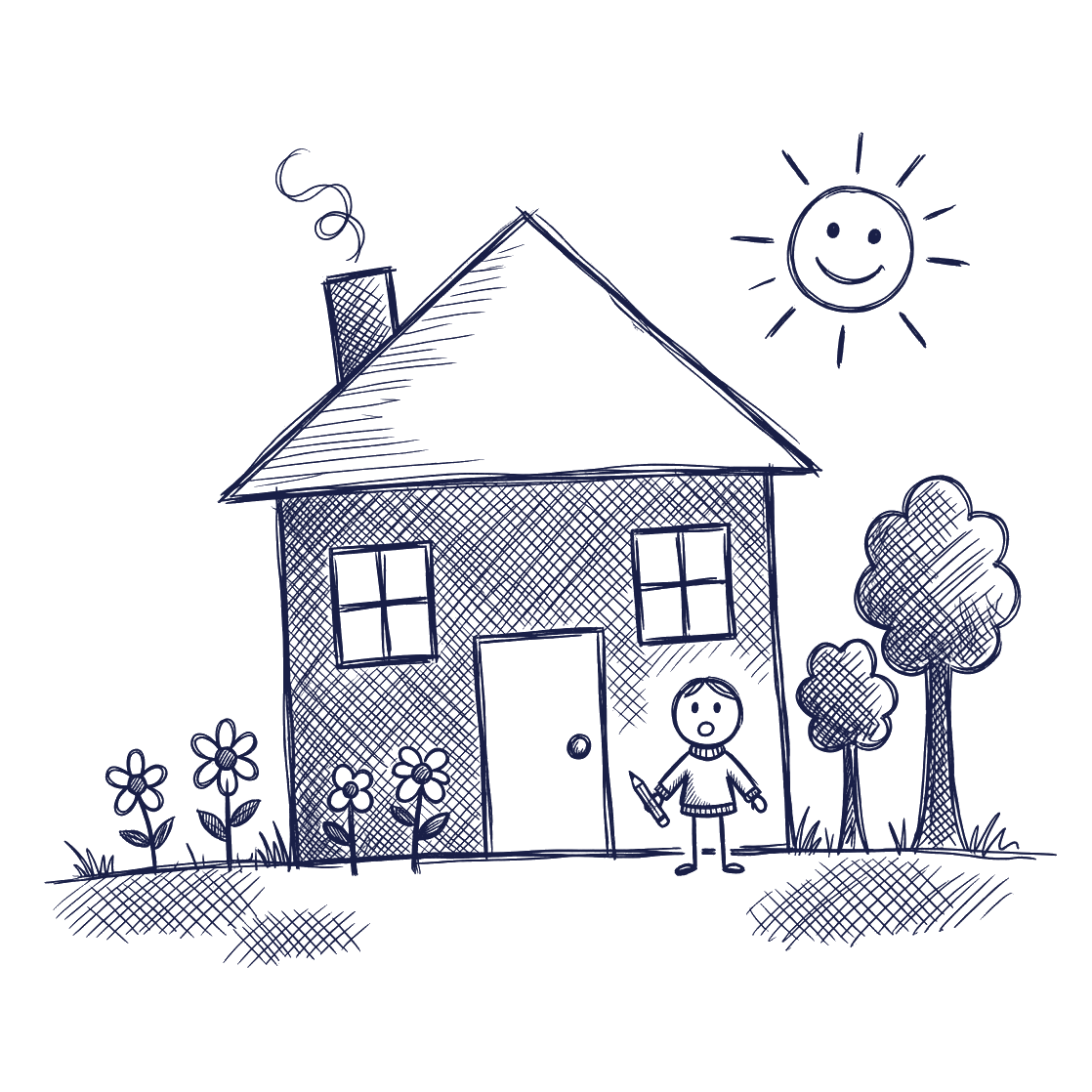 Drawing of a house with a child standing at the door
