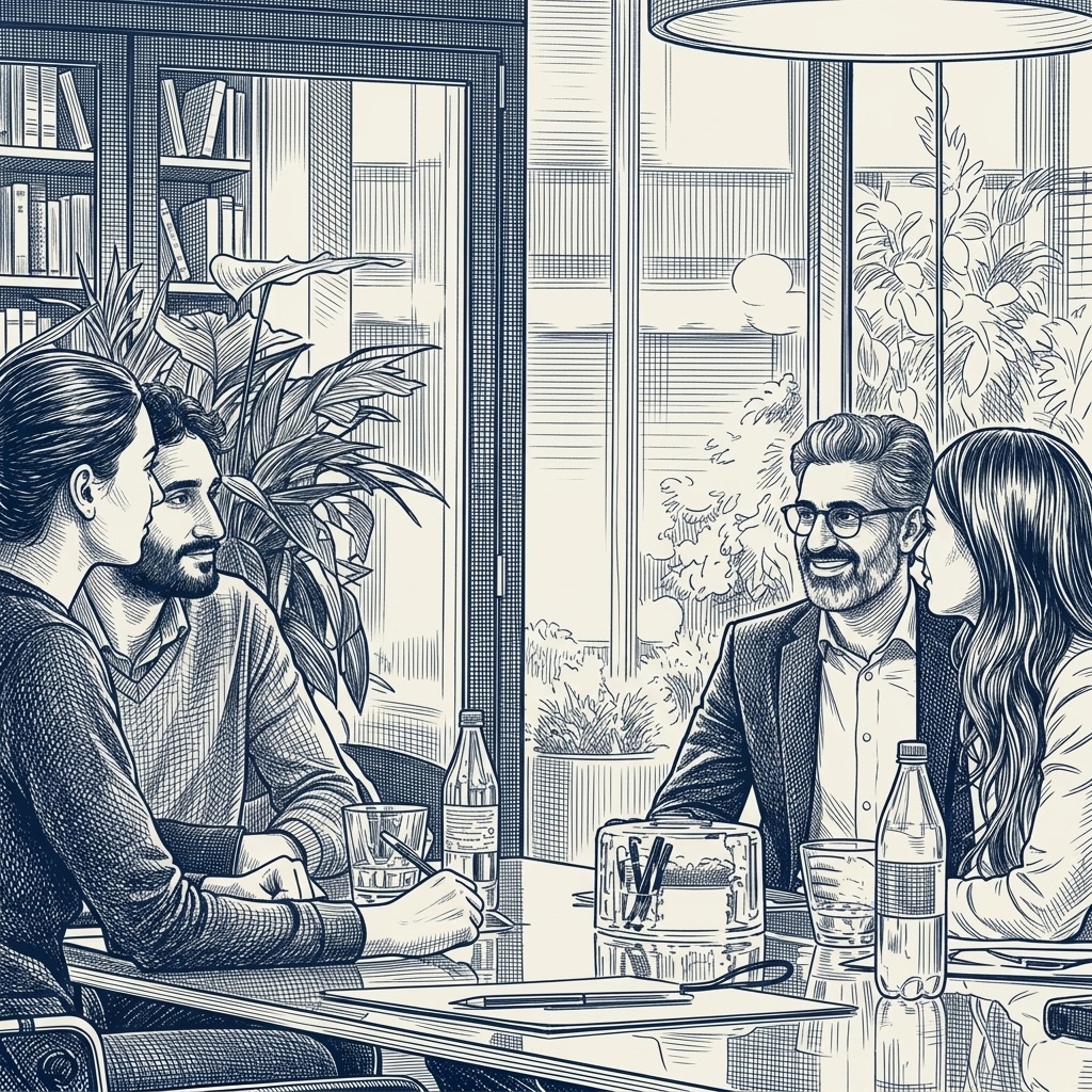 Illustration of four people talking around a table