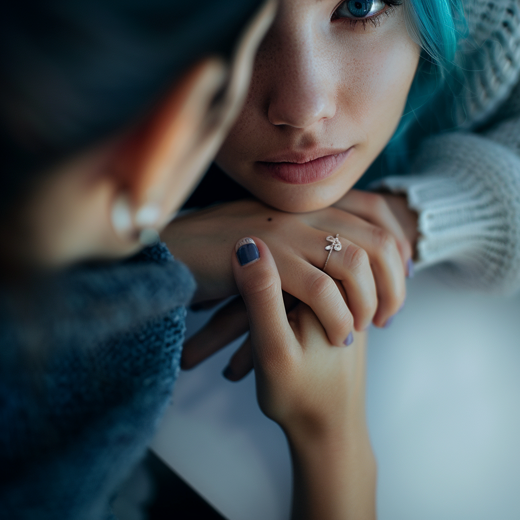 L'immagine raffigura un primo piano di due persone che si tengono per mano in un gesto di conforto e intimità. La scena è centrata su una giovane donna con capelli color turchese e un'espressione seria che guarda direttamente l'osservatore. Le mani delle due persone sono intrecciate, con una delle mani che indossa un anello con un piccolo ciondolo. L'atmosfera è molto intima e delicata, suggerendo un momento di connessione emotiva o supporto tra le due persone. La luce è morbida, mettendo in risalto i dettagli del viso e delle mani.