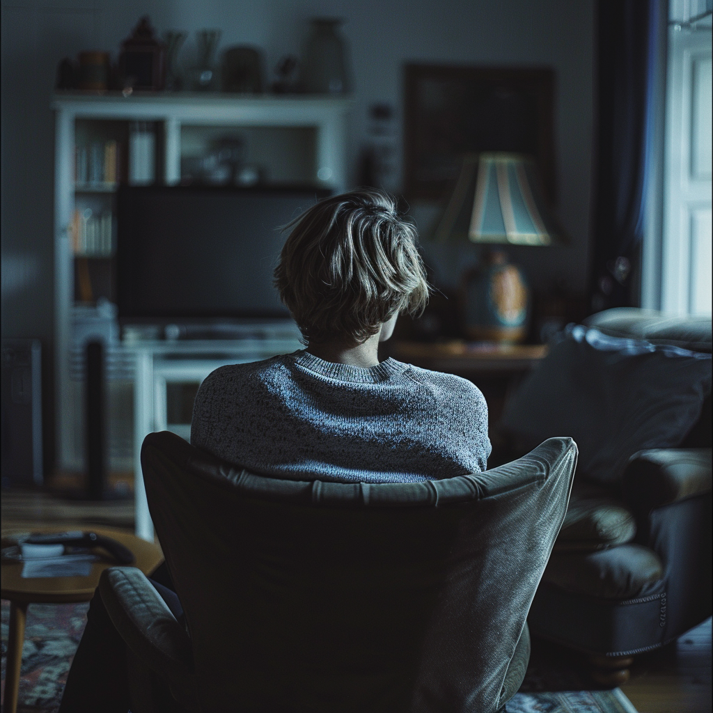 L'immagine raffigura una persona seduta su una poltrona vista di spalle. La scena è ambientata in un soggiorno ben arredato, con una televisione spenta di fronte alla persona, diverse decorazioni sugli scaffali, e una lampada accesa che illumina parzialmente l'ambiente. La luce nella stanza è soffusa, creando un'atmosfera intima e riflessiva. La persona ha i capelli corti e indossa un maglione grigio.