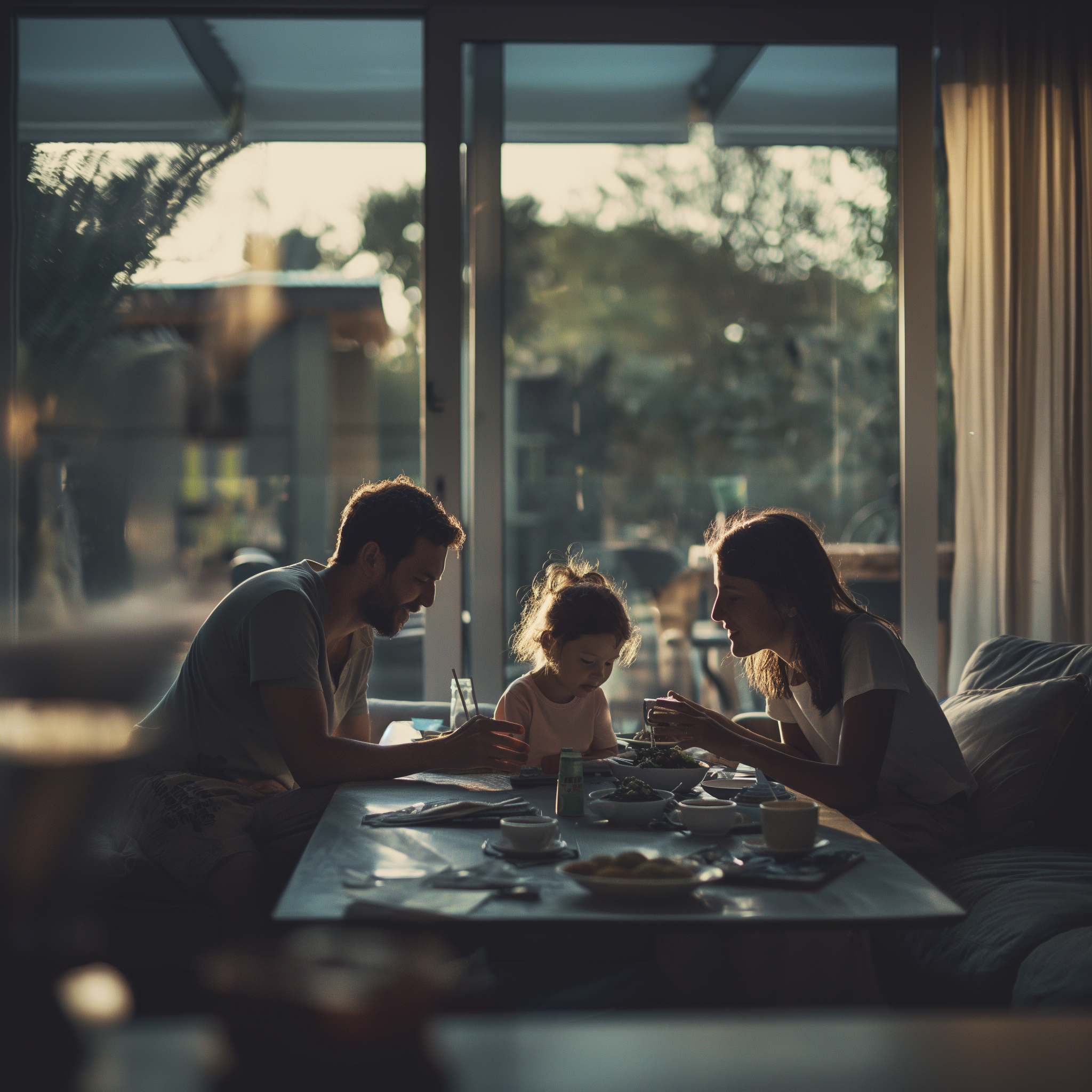 L'immagine raffigura una famiglia seduta attorno a un tavolo, presumibilmente durante un pasto. La scena è illuminata da una luce soffusa che entra dalle ampie finestre sullo sfondo, creando un'atmosfera calda e intima. La famiglia è composta da un uomo, una donna e una bambina. Tutti sembrano concentrati su ciò che è sul tavolo, mentre interagiscono tra loro in modo tranquillo e affettuoso. L'arredamento della stanza è moderno e accogliente, con elementi che suggeriscono un ambiente domestico sereno e armonioso.