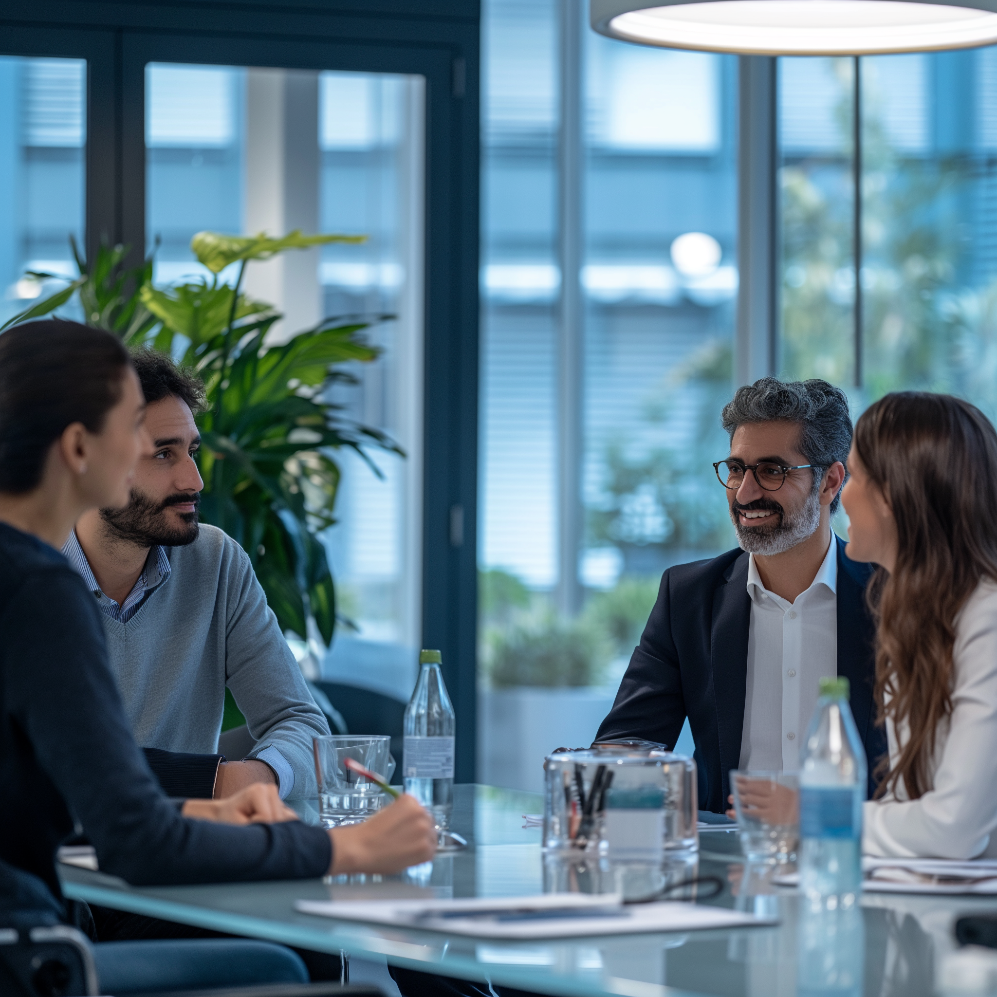 L'immagine raffigura un gruppo di quattro persone sedute attorno a un tavolo in un ambiente lavorativo. Tutti i partecipanti sembrano essere impegnati in una conversazione o una riunione. Sul tavolo ci sono bottiglie d'acqua, bicchieri, penne e alcuni documenti. Lo sfondo mostra grandi finestre che lasciano entrare molta luce naturale, piante e un arredamento moderno. L'atmosfera è professionale e collaborativa, con le persone che sembrano ascoltare e interagire tra loro in modo positivo.